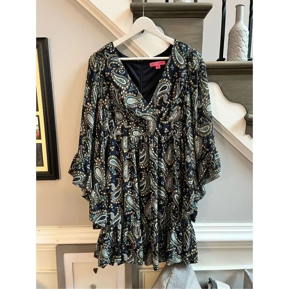Betsey Johnson Navy Paisley Boho Wide Sleeve Back Tie Dress sz 8 EUC